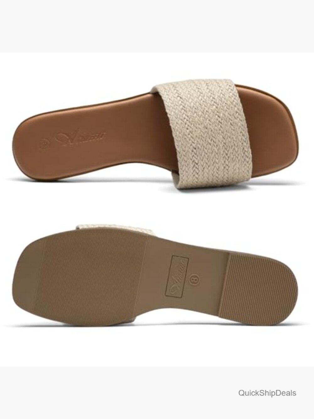 Raffia Square Toe Slip On Flat Sandals with Cushioned Footbed Non Slip Sole - Picture 5 of 7